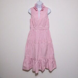 Gretchen Scott Wash & Wear Tiered Midi Hope Dress Womens XS Pink White Ruffle